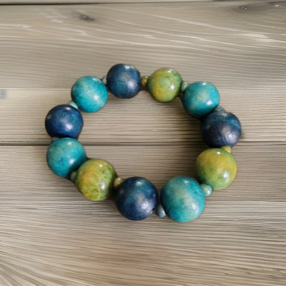 Chunky Greens Round Wooden Bead Stretchy Flex Bracelet  Medium