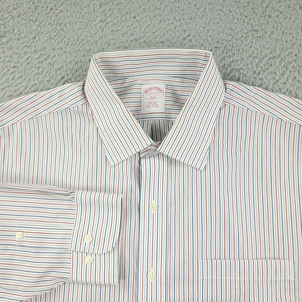 Brooks Brothers 346 Dress Shirt Mens 17 White Stripe Non Iron Cotton