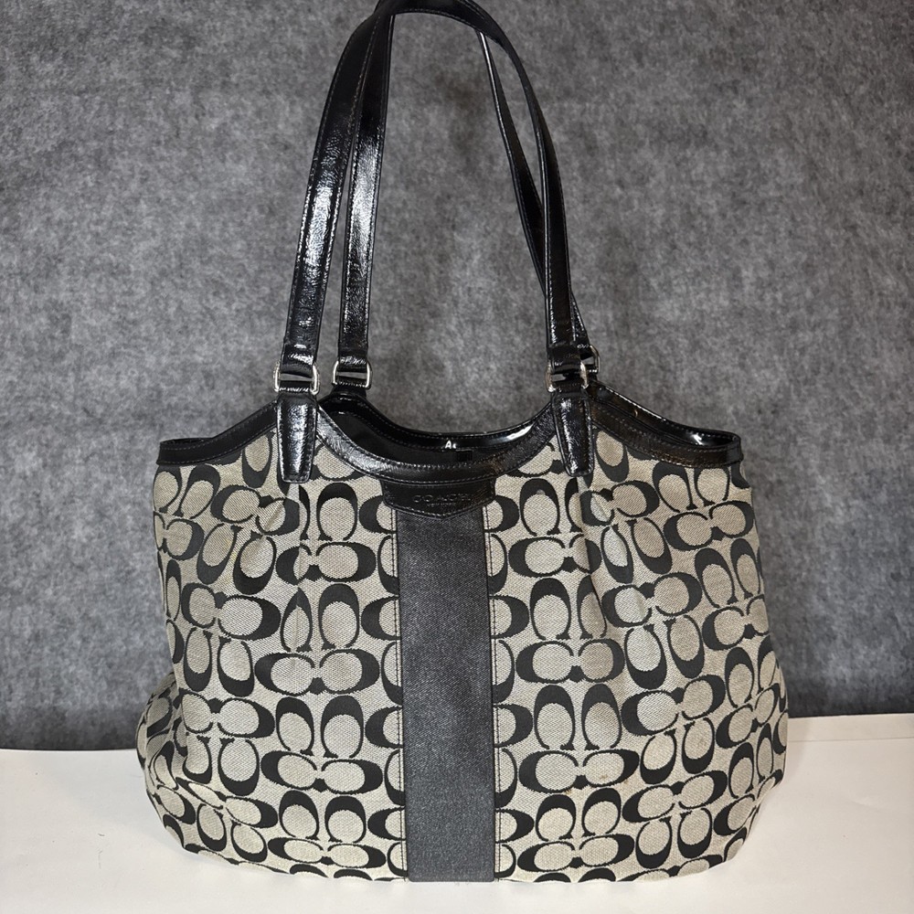 Coach Black Canvas & Patent Leather Tote Bag with Zip Pockets - 16x5x10