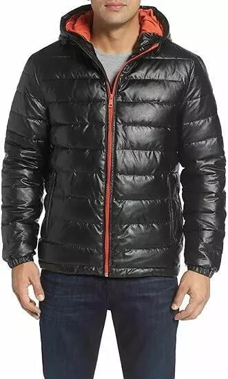 Men's lambskin Leather Padded Puffer Down Quilted Lambskin Jacket Coat