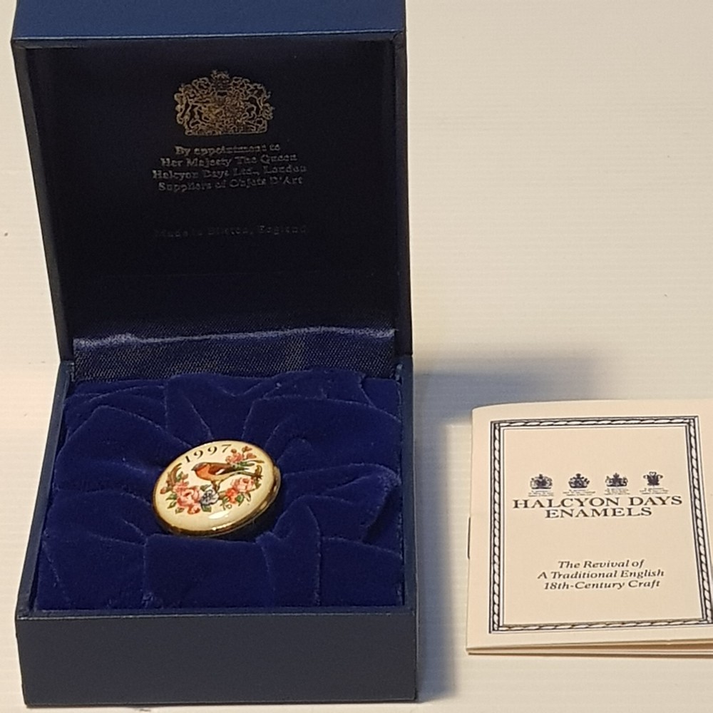 Vintage 1997 Halcyon Days Enamel Bird Floral Pill Box with Warranty Paperwork