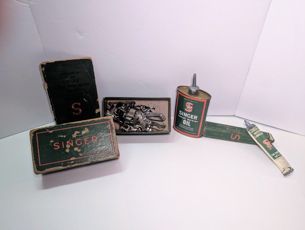 Vintage Singer Sewing Machine Attachment Set with Box, Oil Can, Motor Lubricant & More