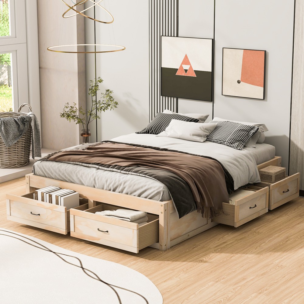 Queen Size Platform Bed with 6 Storage Drawers,Antique Natural