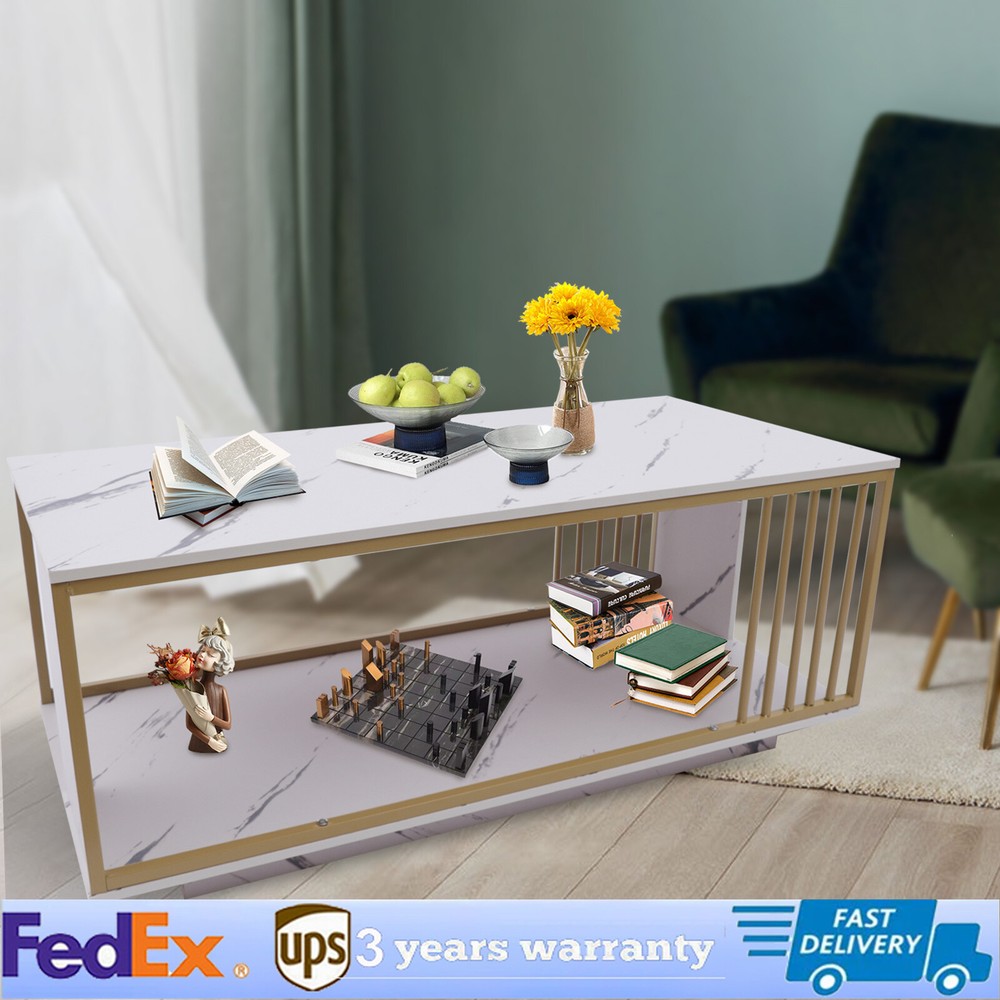 Modern White Gold Coffee Table High Gloss Marble Veneer Rectangle Living Room Centerpiece