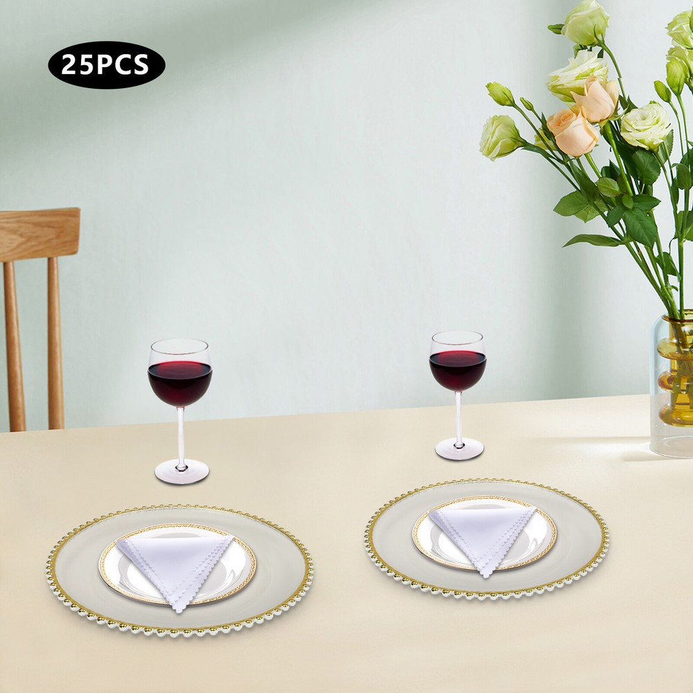 25 Packaged Western Food Plates 32cm Plastic With Transparent Gold Thread Beads