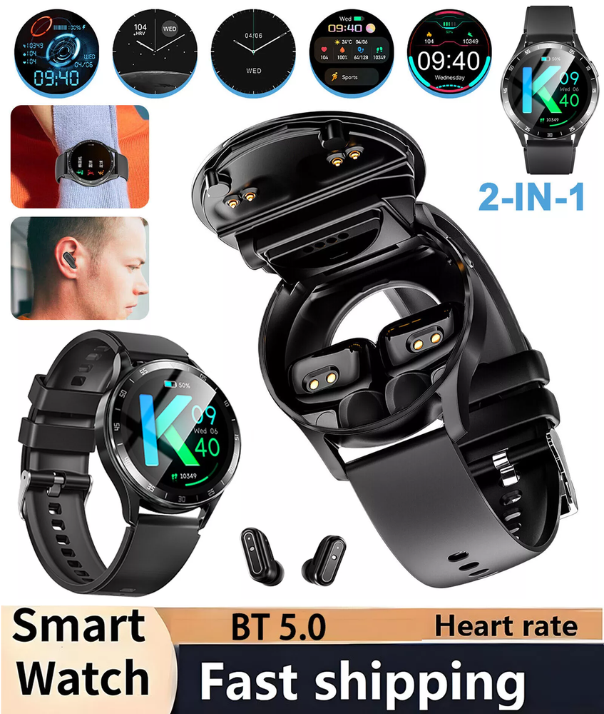 Men's 2-in-1 Smartwatch with Wireless Earbuds for iOS Android