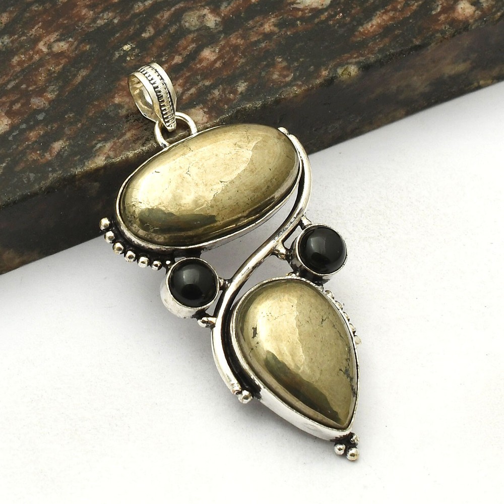 Apache Pyrite Black Onyx Gemstone Ethnic Handmade Pendant Jewelry 2.6