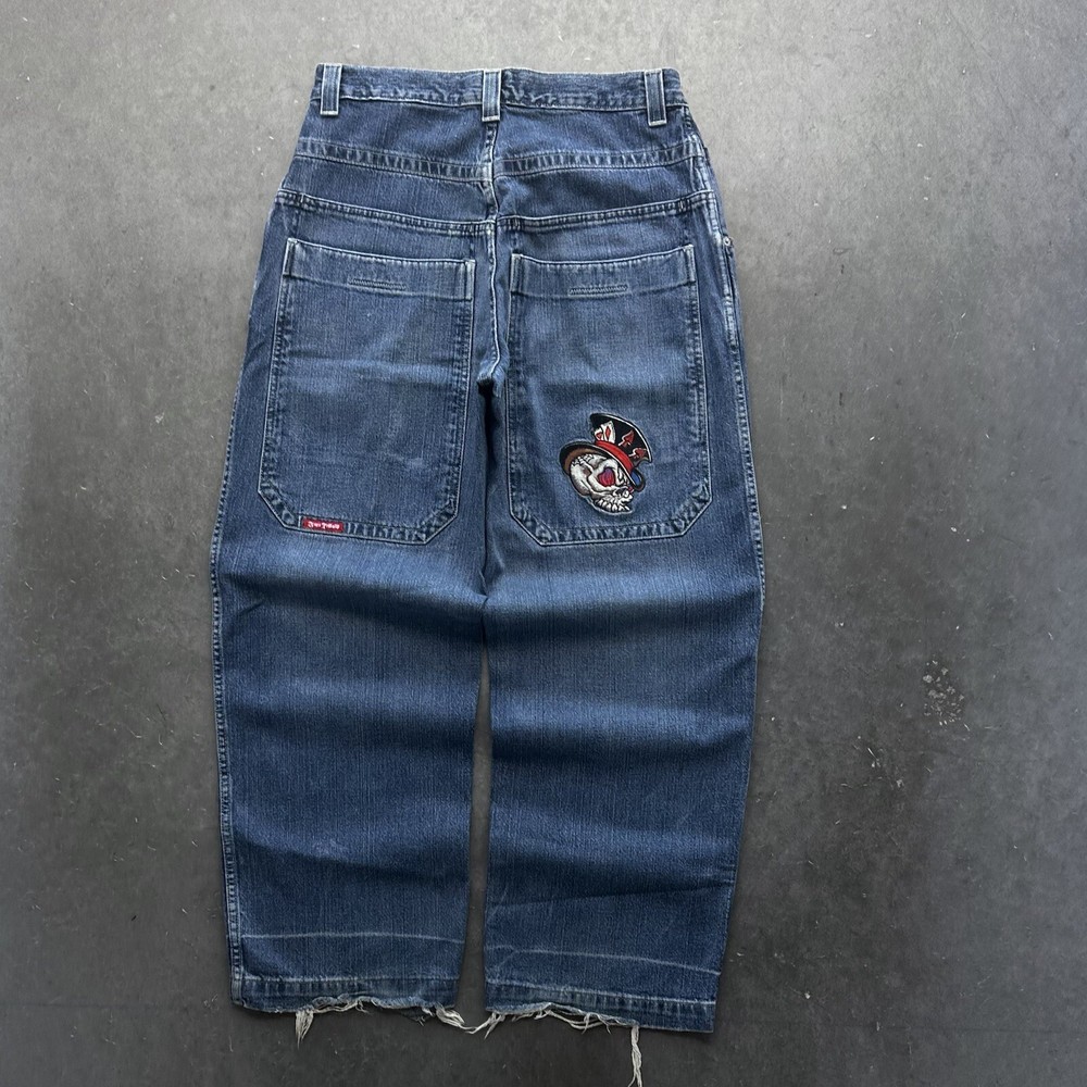 Vintage Y2K JNCO JEANS Tribal Skull Baggy Wide Leg Embroidered Grunge Rave Skate