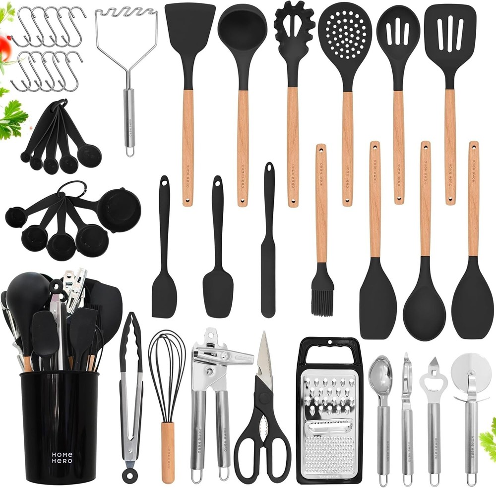 44-Piece Silicone Kitchen Utensils Set with Ergonomic Wooden Handles - Black
