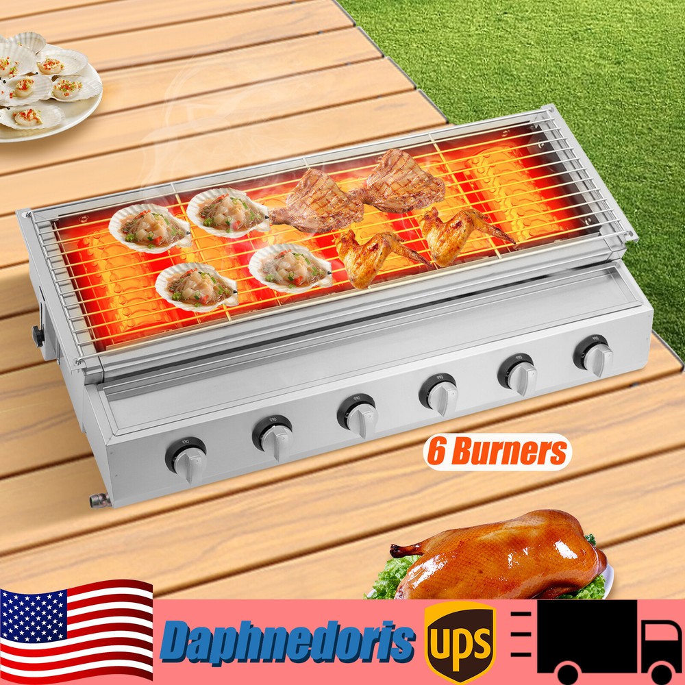 6-Burner Stainless Steel Tabletop Gas Grill for Outdoor Picnics and BBQs