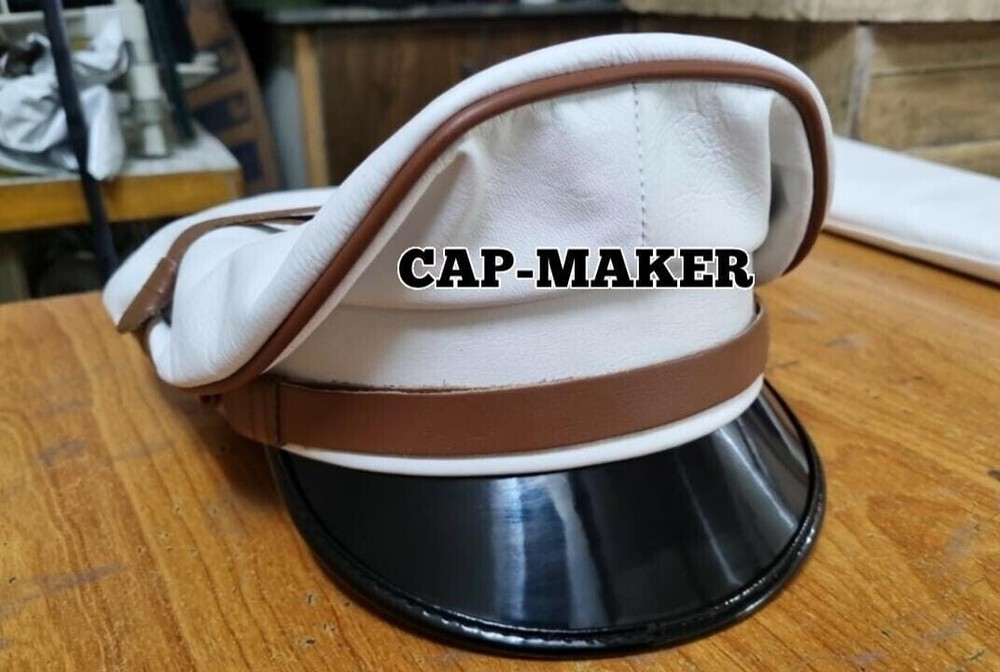 Genuine Leather Cap - white Army Muir Biker Peaked Police Gay Bluf Cap Hat