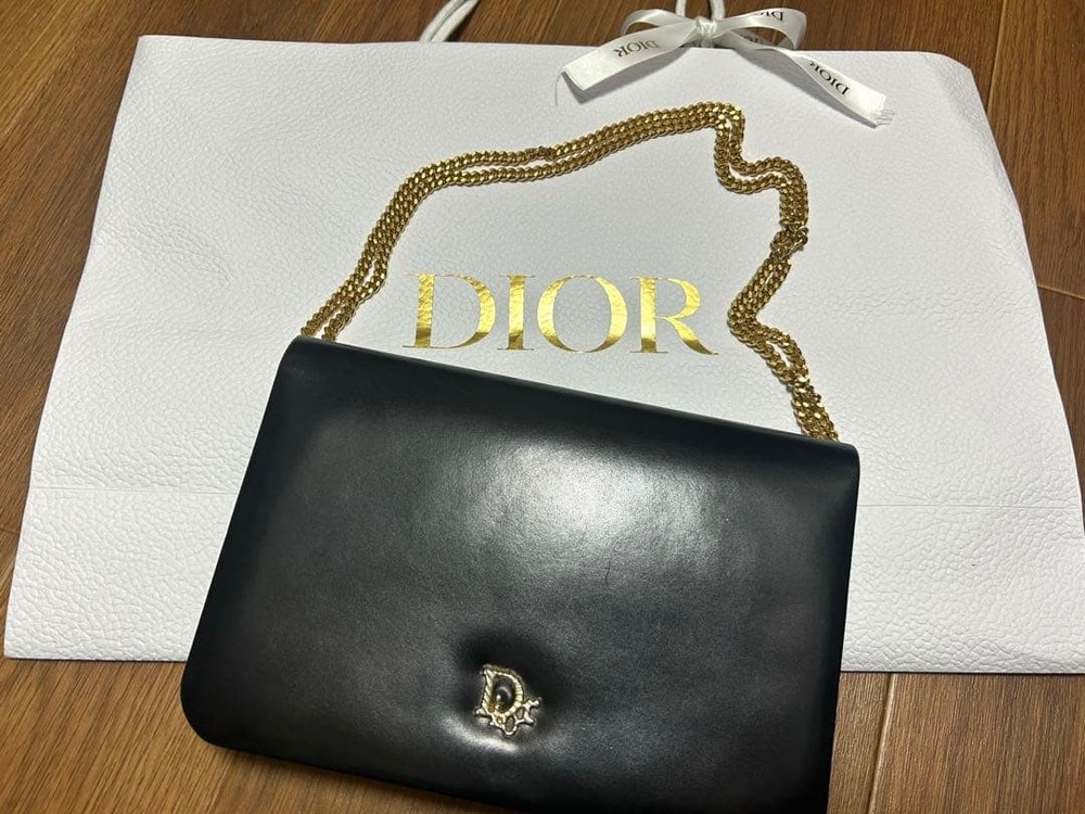 Christian Dior Black Leather Shoulder Bag with Chain and Logo, Authentic Vintag