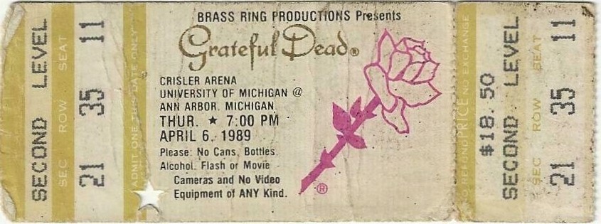 GRATEFUL DEAD TICKET 04-06-1989 UNIV OF MICHIGAN CRISLER MAIL ORDER GARCIA WEIR