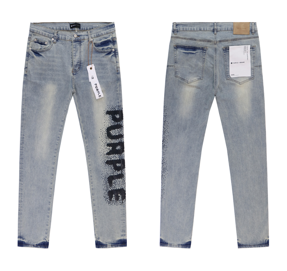 Washed Blue Purple Brand Designer Logo Jeans Street Casual Slim Fit Jeans