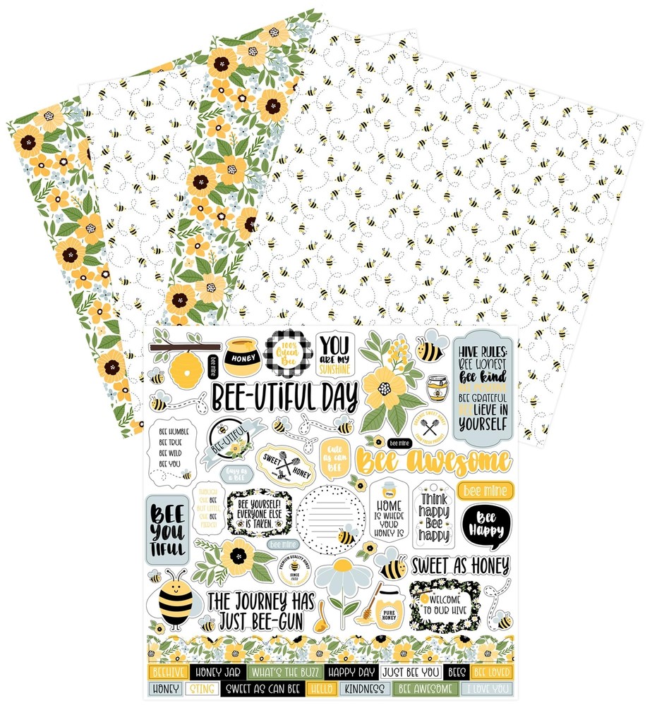 Bee Scrapbook Stickers - Kit with Honey Bee Scrapbook Paper 12x12 Inch | Flor...