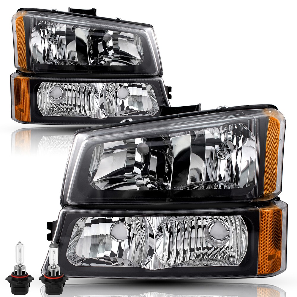 Headlights For 2003-2006 Chevy Silverado 1500 2500 3500 Black Bumper Lamps Pairs