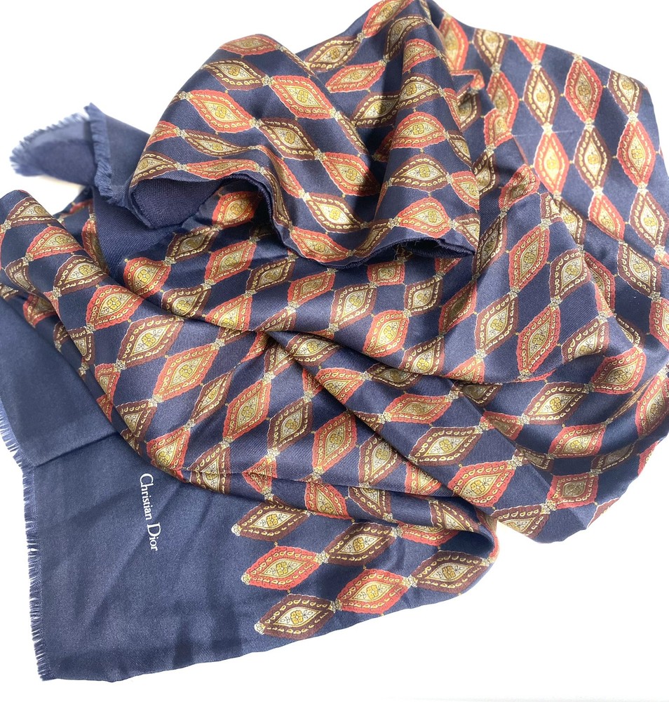 Vintage Christian Dior Silk Scarf in Blue Geometric Pattern