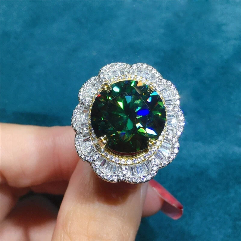 10 Carat Green Round Moissanite Triple Halo Vintage Floral Ring in 18K Gold
