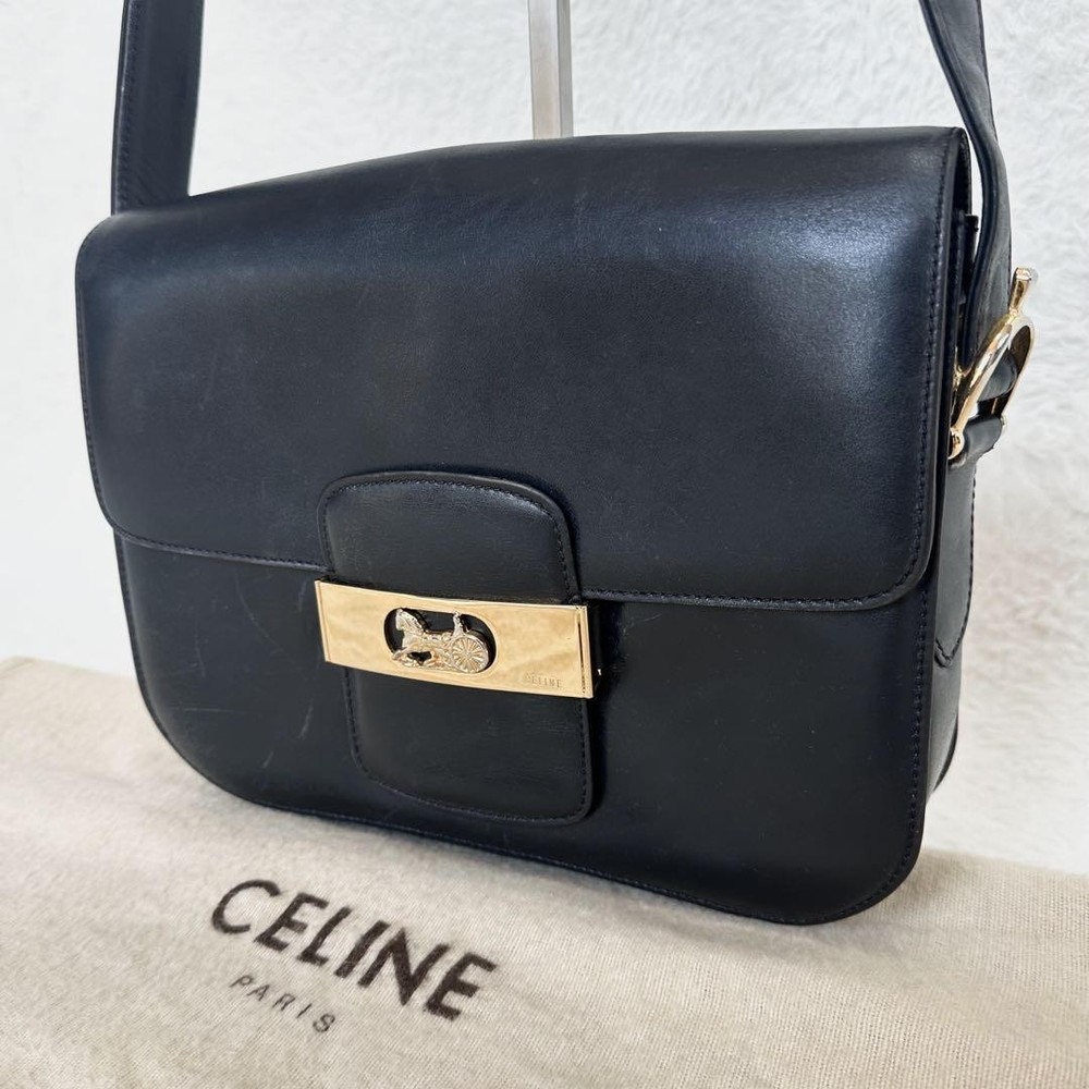 Celine Black Leather Shoulder Bag with Gold Hardware Carrier  