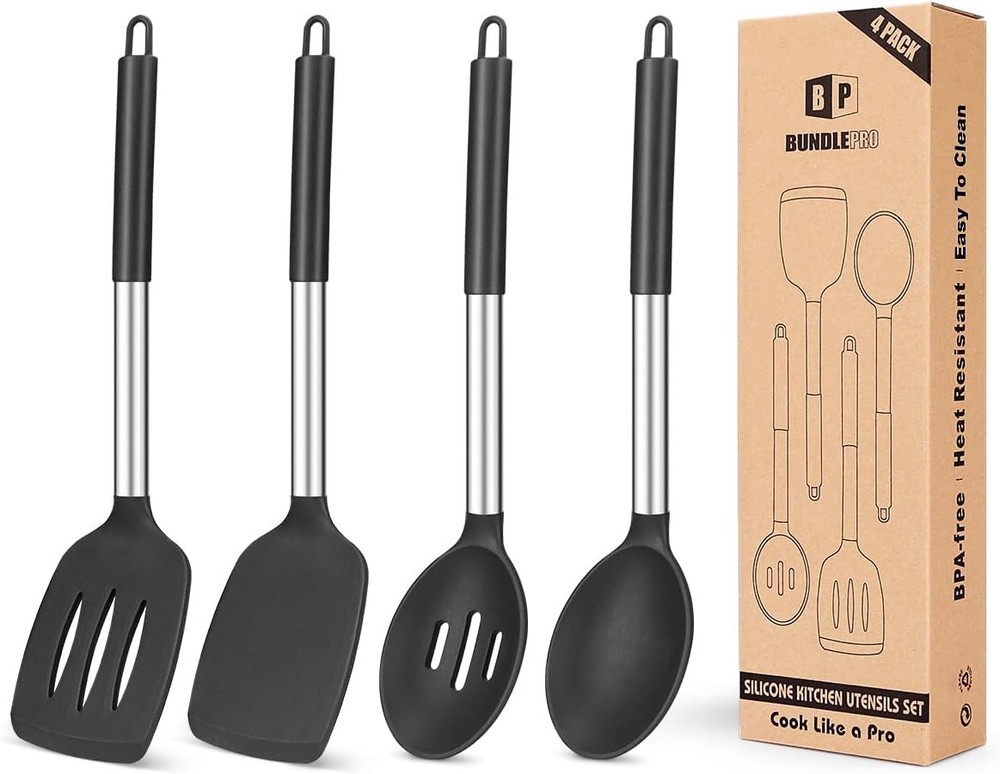 Silicone Cooking Utensils Set 4 Pack Heat Resistant Non-Stick Spatulas & Slotted