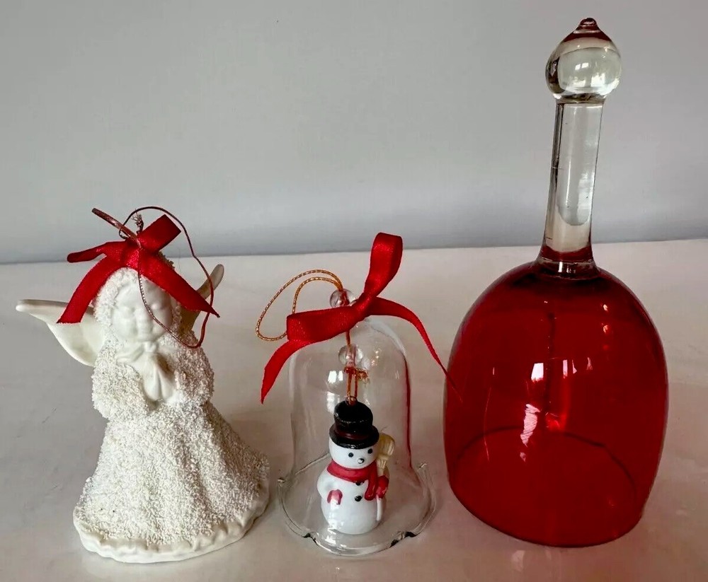 Vtg Snow Angel Praying Porcelain Snowman Ceramic Red Glass Bells Ornaments 3 Set