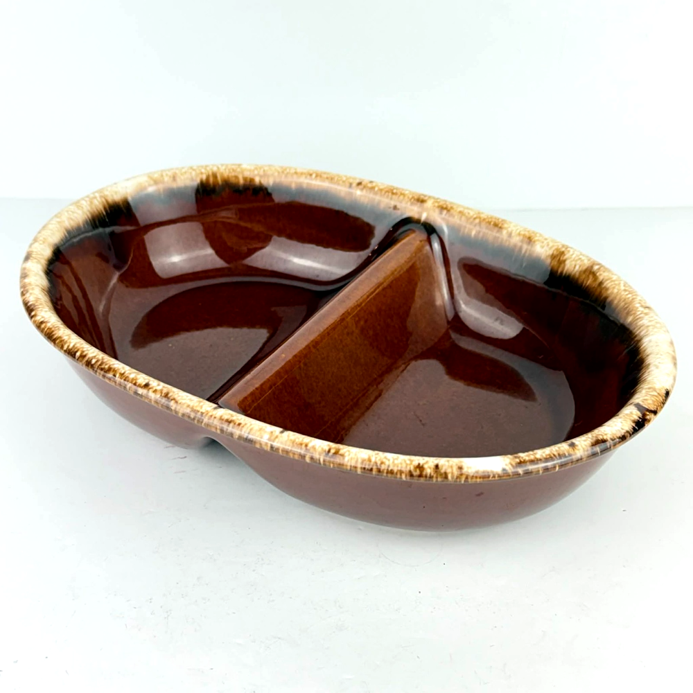 Hull Pottery Divided Serving Bowl Brown Drip Glaze Oven Proof USA Vintage MCM
