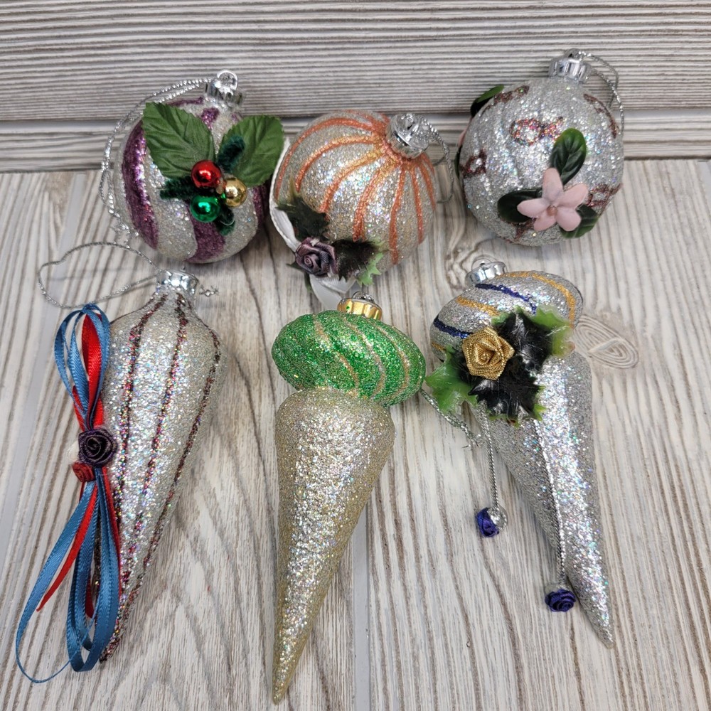 6 Glitter Christmas Tree Ornaments Holiday Decoration Sphere Teardrop Vtg
