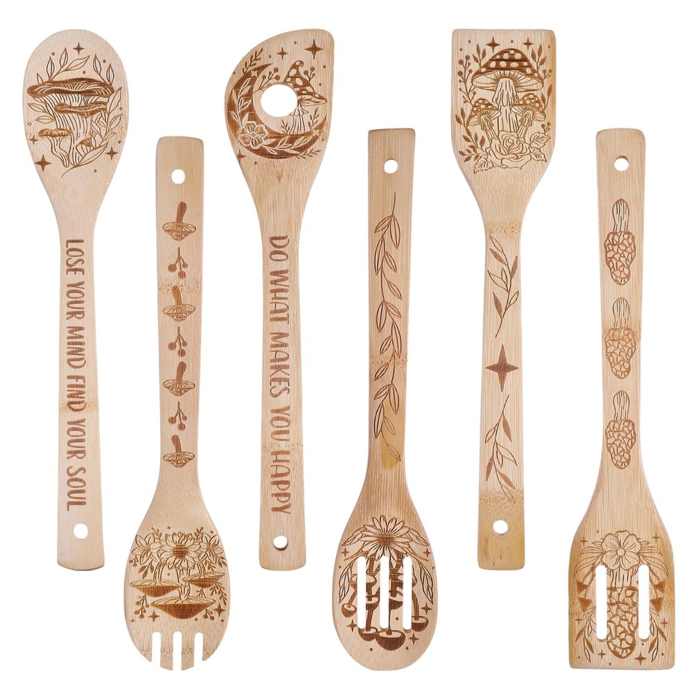 6Pcs Cooking Utensils Wooden Engraved Cooking Spoons Set Carving Kitchen Spat...