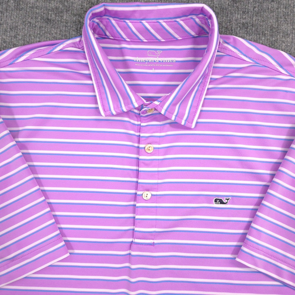 Vineyard Vines Polo Shirt Mens Large Purple Blue Striped Performance Golf Preppy