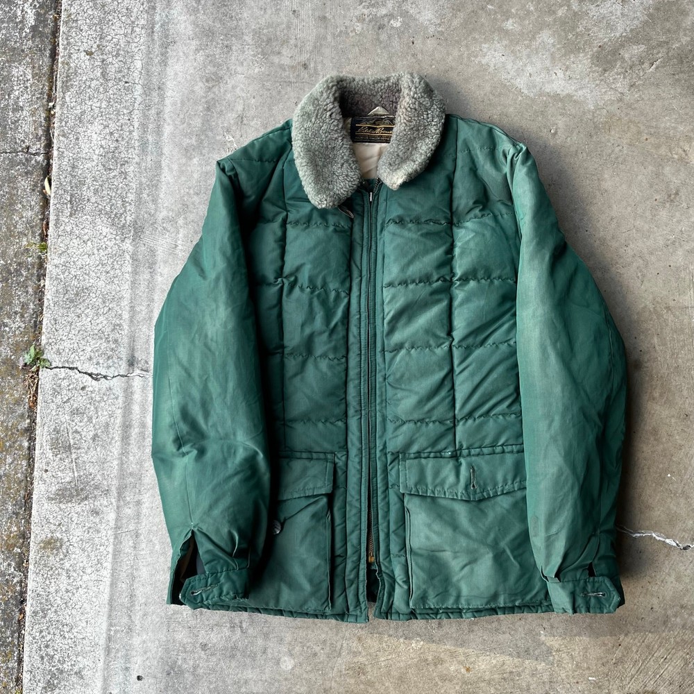 Vintage Eddie Bauer Green Goose Down Puffer Coat with Fur Hood Medium 70s 80s