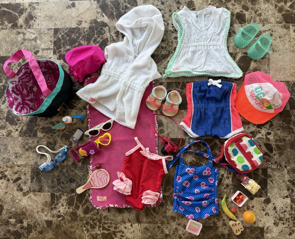 Our Generation Doll Summer Swimwear, Dress, Shoes, Hat, Bag, Accessories Lot