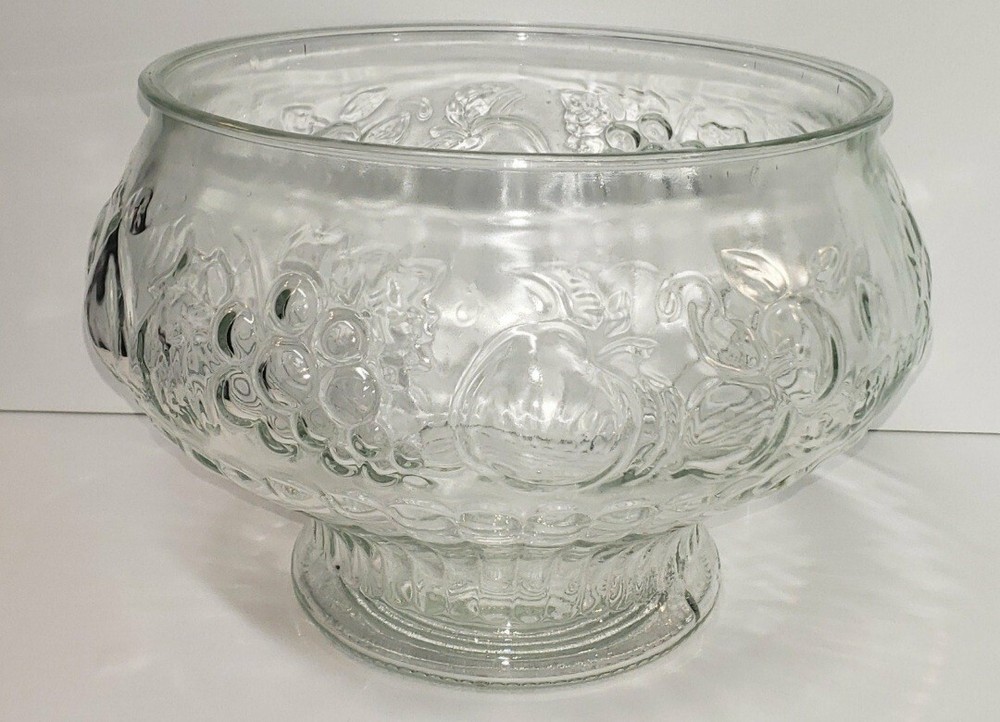 Vintage Jeannette Glass Clear Embossed Fruit Design Punch Bowl