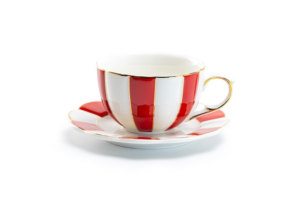 Grace Teaware Red and White Scallop Fine Porcelain Tea Cup and Saucer Gold Rim