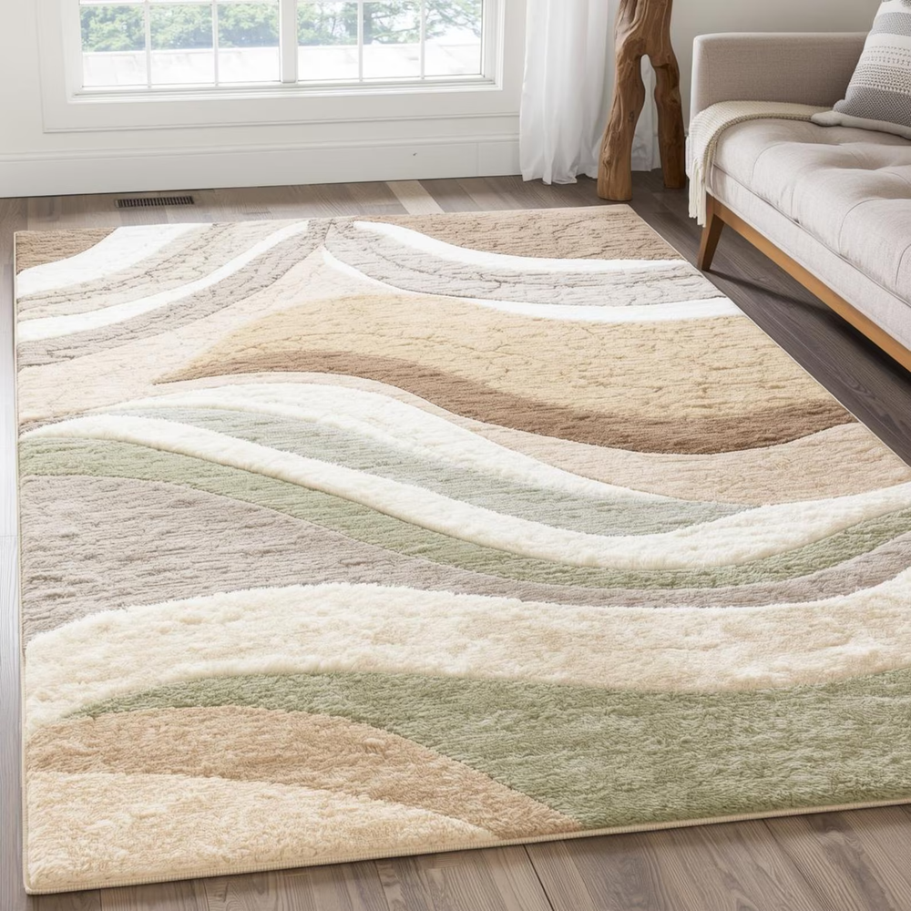 Personalized Hand Tufted Modern Area Rug, Neutral Beige Cream Green Wavy Abstrac