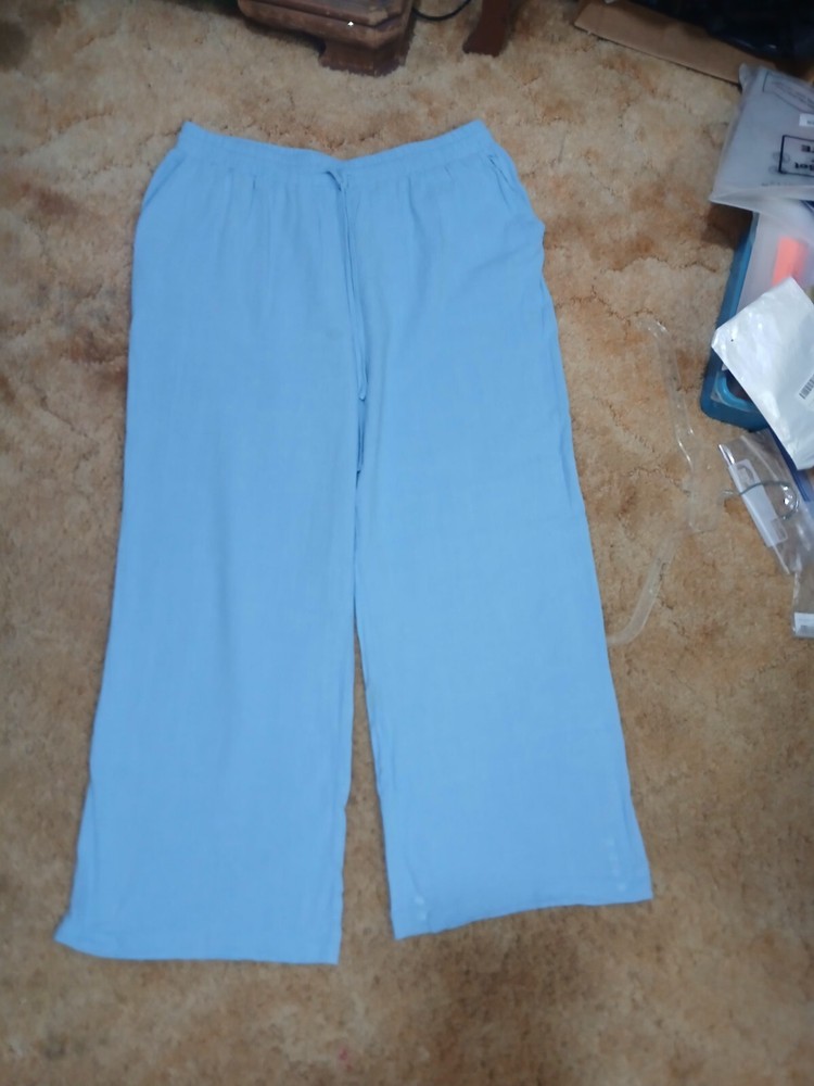 Fashion Light Blue Size XL Elastic Waist Drawstring Pockets Wide Leg Dress Pants