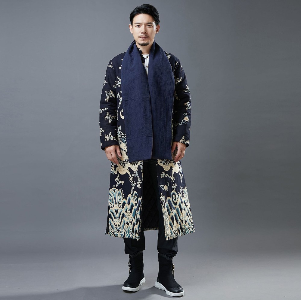 Men's Winter Dragon Print Padded Jacket with Side Pockets Warm Loose Fit Coat