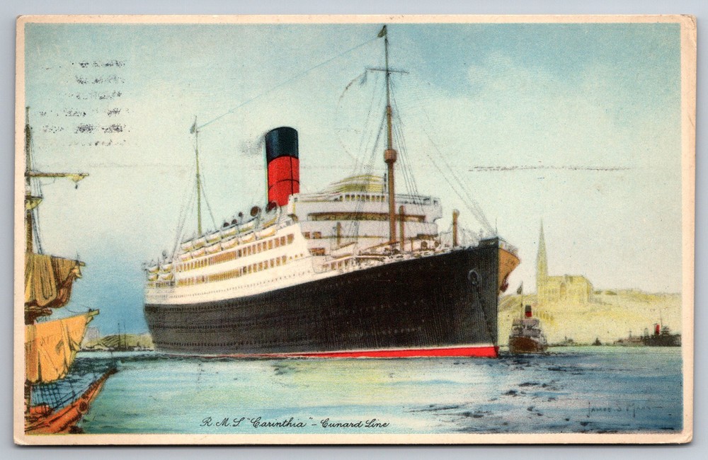 Vintage RMS Carinthia Cunard Line Cruise Ship Harbor View Postcard Z12