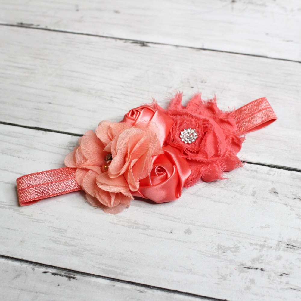 Handmade Baby Girl's Elastic Headband Infant One Size Coral Satin Roses Beaded