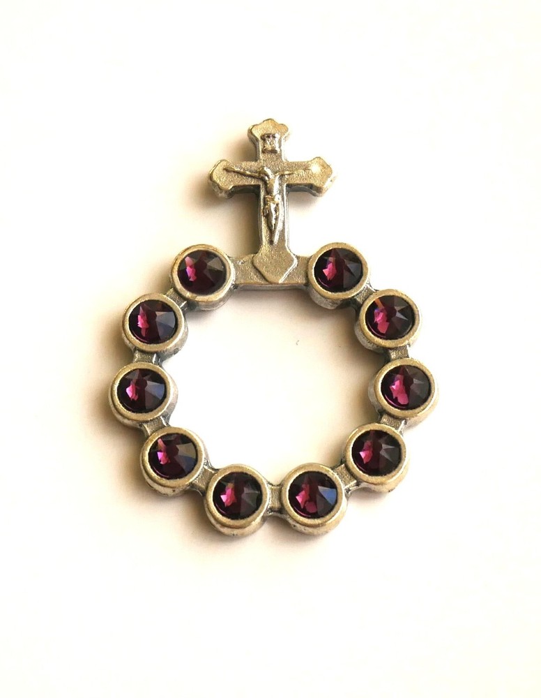 Swarovski Purple Crystal Silver Tone Finger Rosary Prayer Ring