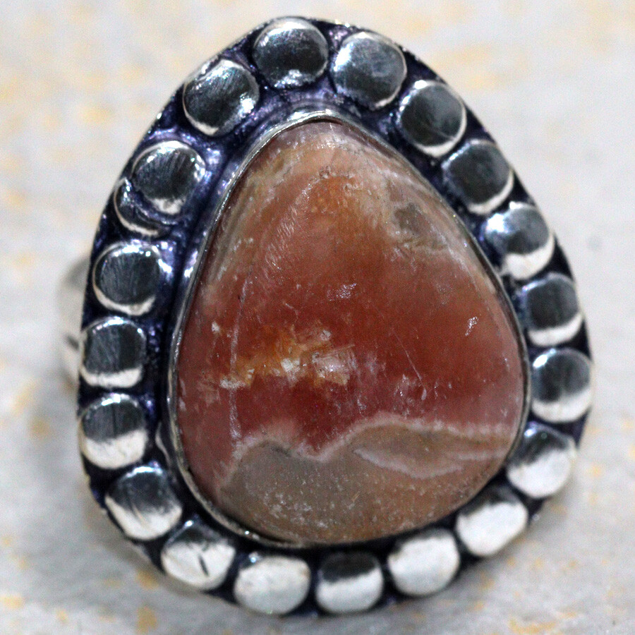 925 Silver Plated Rhodochrosite Handmade Ethnic Ring US Size 5 JW