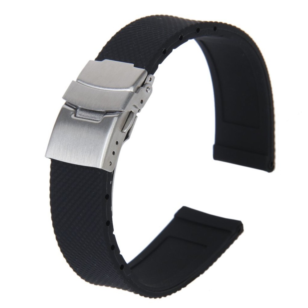 Watch Bands Sport Black Silicone Rubber Watch Strap Deployment Buckle  209029