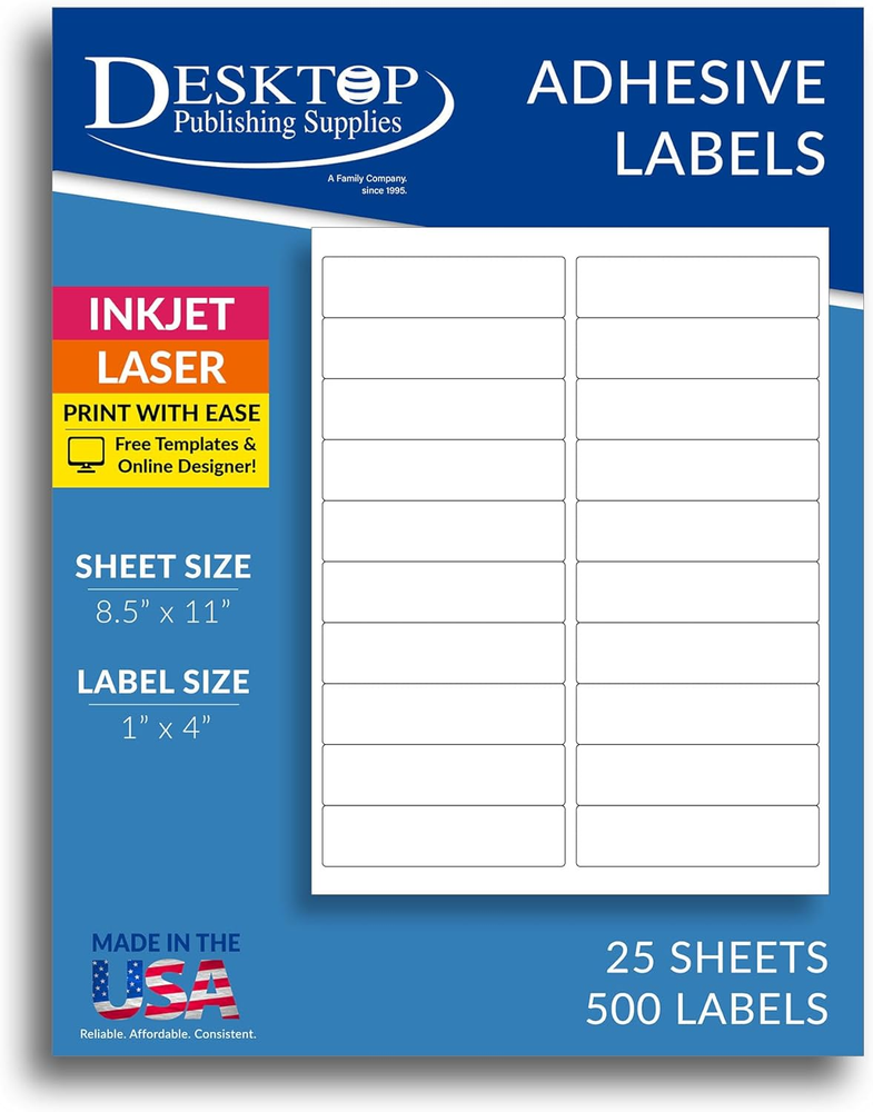 500 White 1x4 Inch Printable Mailing Address Labels - 25 Sheets 20 per Page