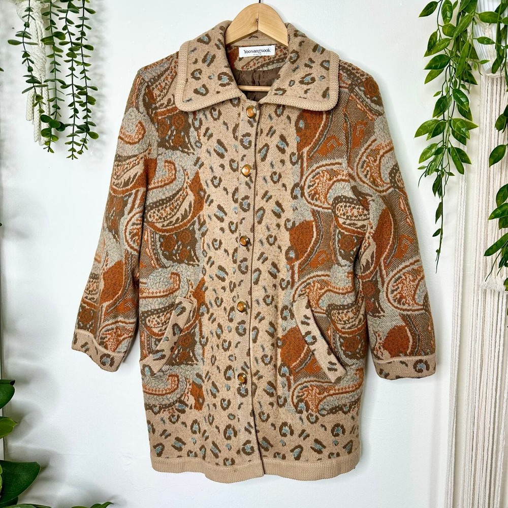 VTG Warm-Toned Paisley Leopard Tapestry Collared Car Coat
