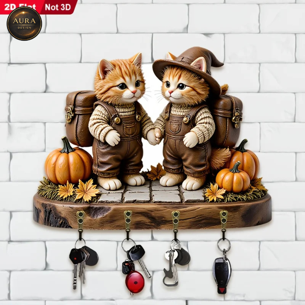 Wall Keychain 30cm - Cats with Pumpkins Organizer 2D 4 Hooks Entrance