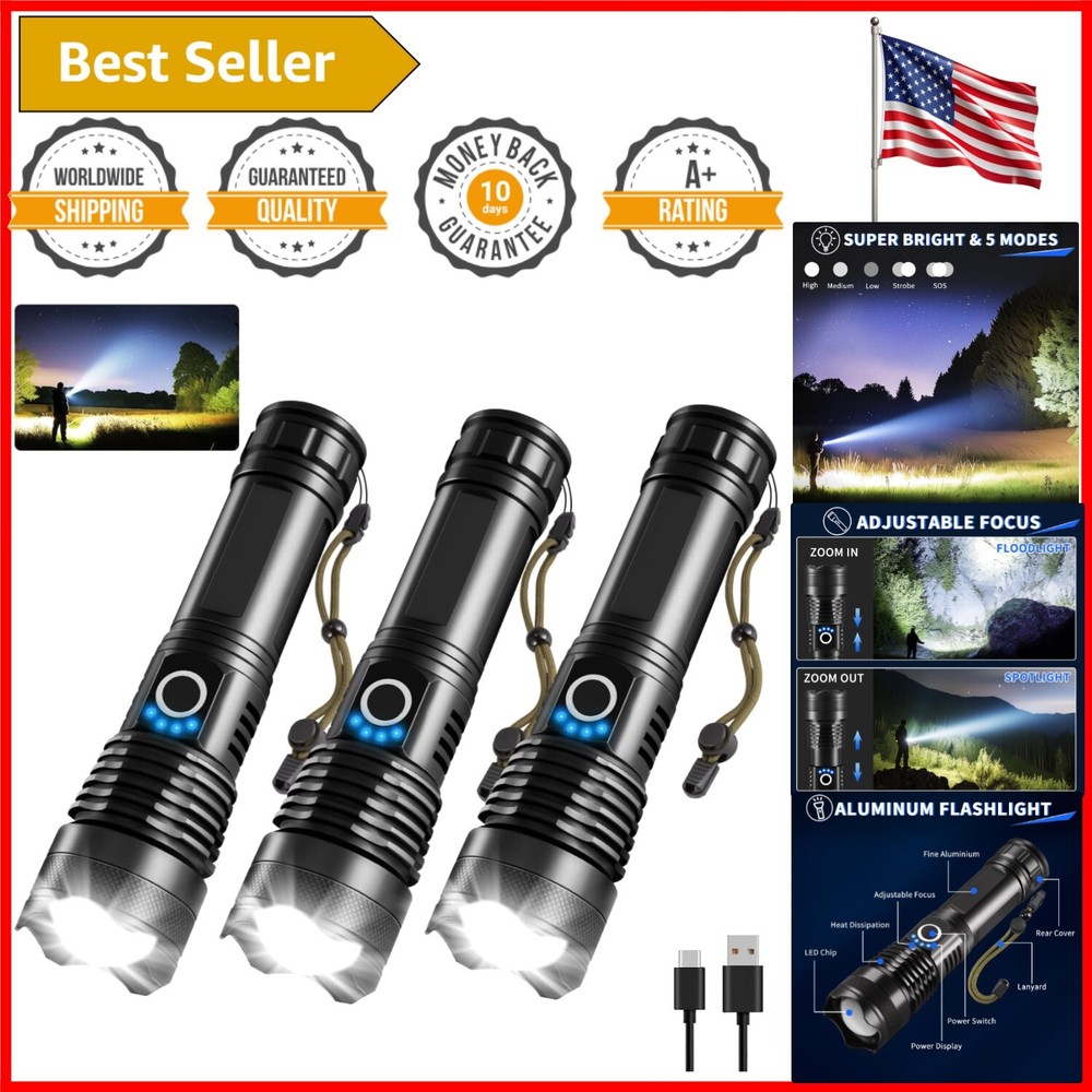 990000 Lumen Tactical Flashlight 3-Pack - Rechargeable LED, 5 Modes, Waterproof