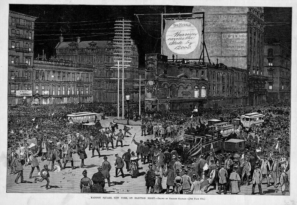 MADISON SQUARE, NEW YORK, 1888 ELECTION NIGHT NEWS-BOYS