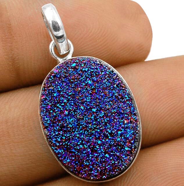 Natural Titanium Druzy 925 Solid Genuine Sterling Silver Pendant Jewelry @B13-8