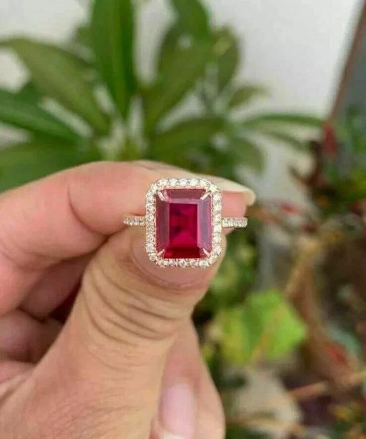 3.20 Ct Emerald Cut  Ruby & Diamond Wedding Ring 14K Solid Yellow Gold