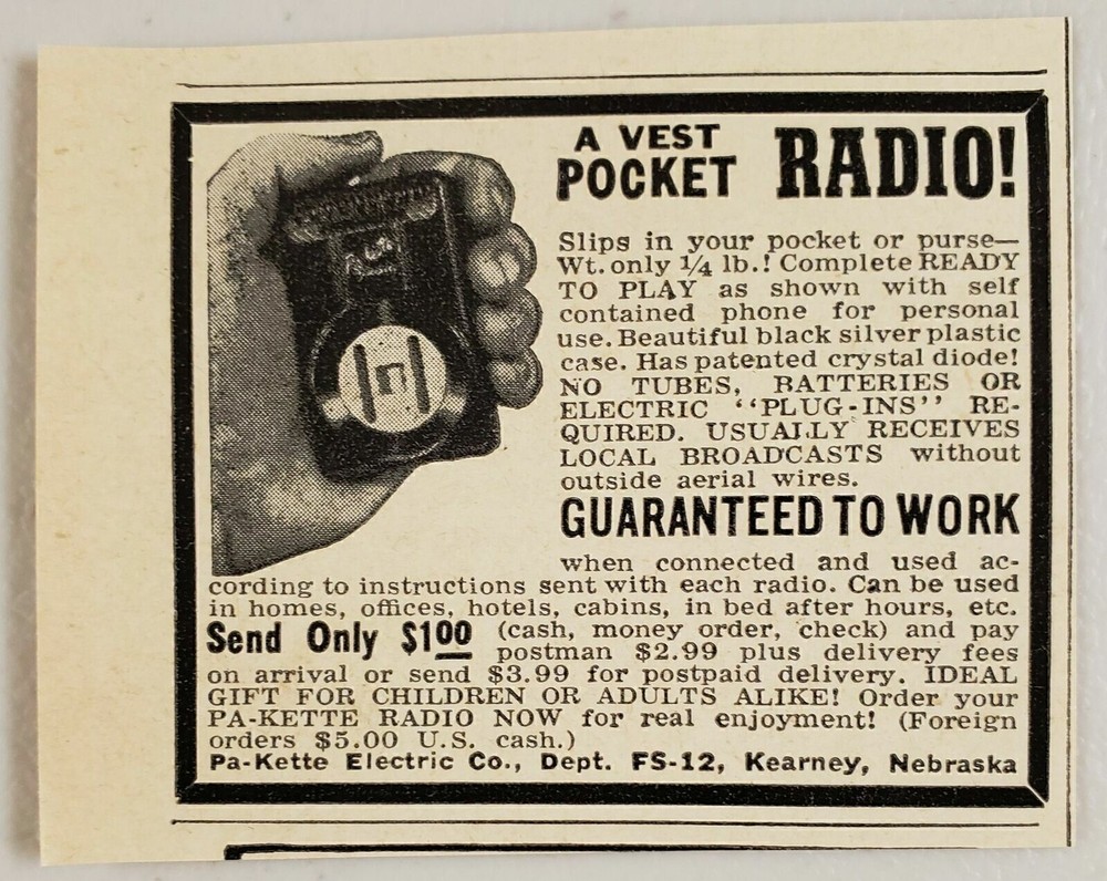 1946 Print Ad Vest Pocket Radio Crystal Diode Pa-Kette Electric Kearney,Nebraska