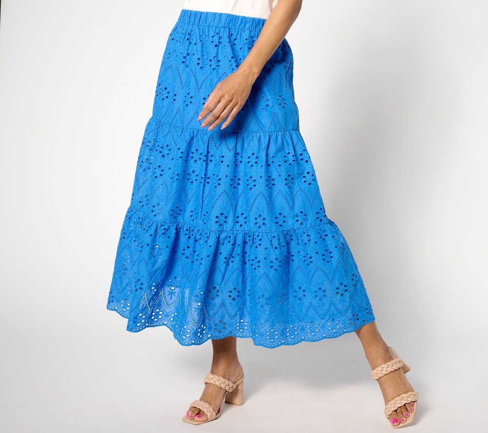 Susan Graver Women's Skirt Sz L PURE Cotton Eyelet Tiered Midi Blue A638818